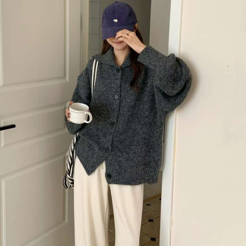 韩版简约纯色立领单排扣针织衫女2025秋冬新款百搭慵懒风毛衣外套|undefined