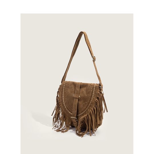 CHARHP & KEJNT Tassel Bag Handmade Suede Saddle Bag Retro All-match Ethnic Style Single Shoulder Crossbody Bag