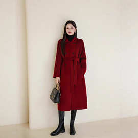 【10山羊绒】高端大衣女双面羊绒双排扣腰带红色冬季新款羊毛外套