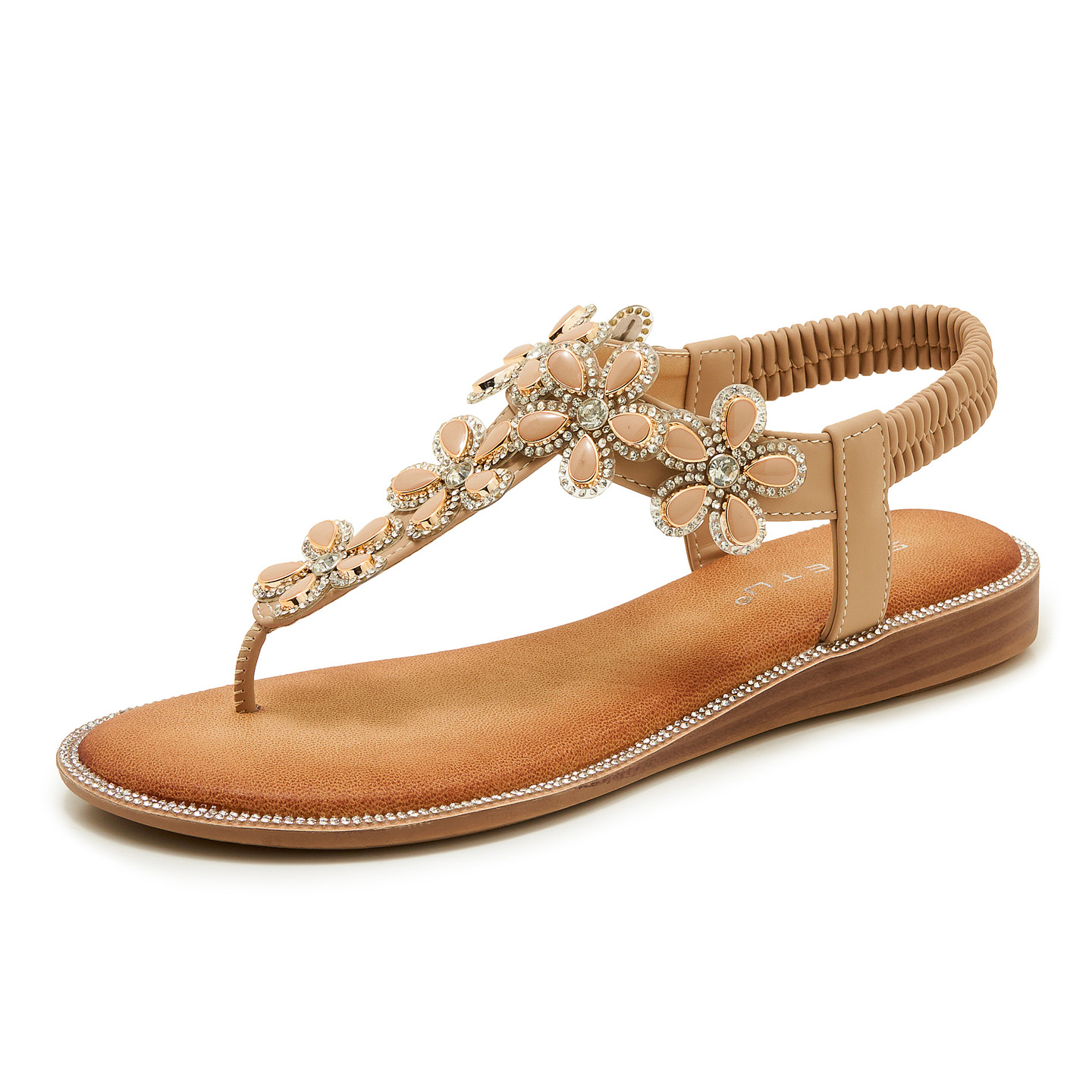 Dép sandal nữ xỏ ngón đế bệt đính hoa kim cương mềm chống trượt — màu đen, màu mơ