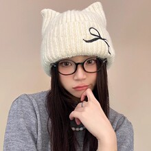 女冬大头围时尚套头帽子可爱猫耳针织帽秋冬新款保暖显脸小毛线帽