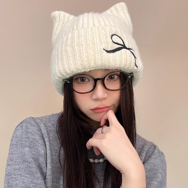女冬大头围时尚套头帽子可爱猫耳针织帽秋冬新款保暖显脸小毛线帽