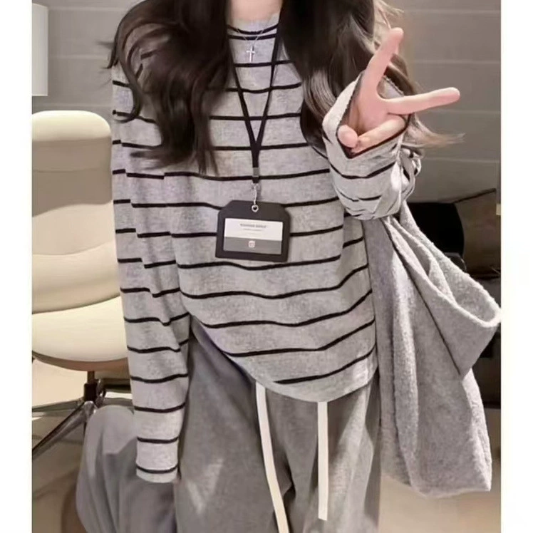 Новая корейская версия весеннего 2025 года в полоску, шлифовальная футболка с длинными рукавами