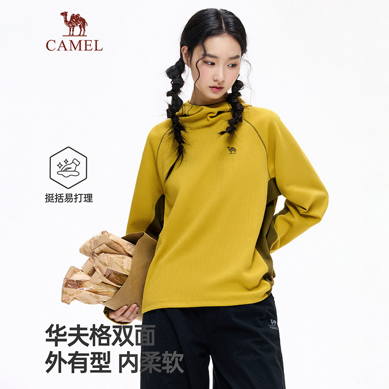 Camel Mountain Series Waffle Contrast Color Sweatshirt for Women, 2026 Autumn/Winter New Outdoor Long Sleeve Loose Sports Hoodie for Men