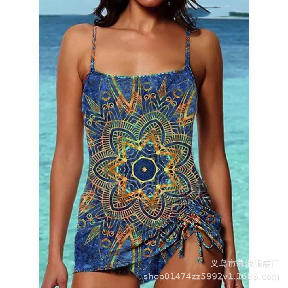 2021 Mulang new European and American plus size swimsuit tankini sexy women's special printed drawstring Amazon