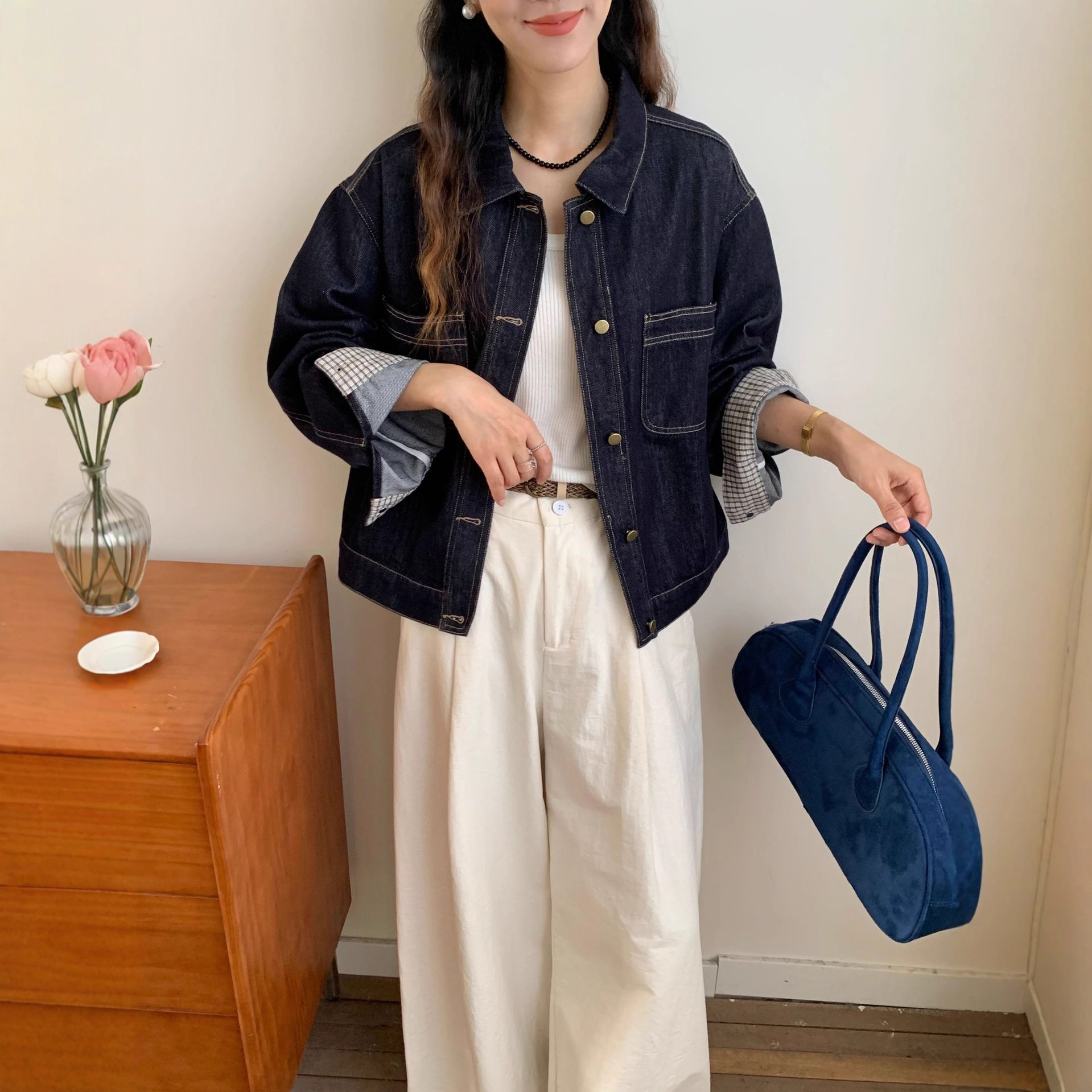 2026 Fall Loose-fitting Double-Pocket Plaid Sleeve Denim Jacket, Versatile Lapel Jacket, Suitable for Petite Figures