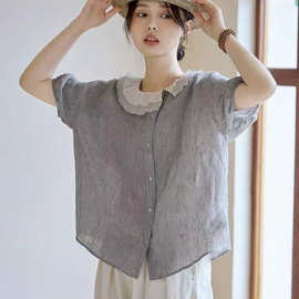 娃娃领亚麻衬衫女夏季新款小众棉麻小衫时尚宽松文艺褶皱减龄上衣