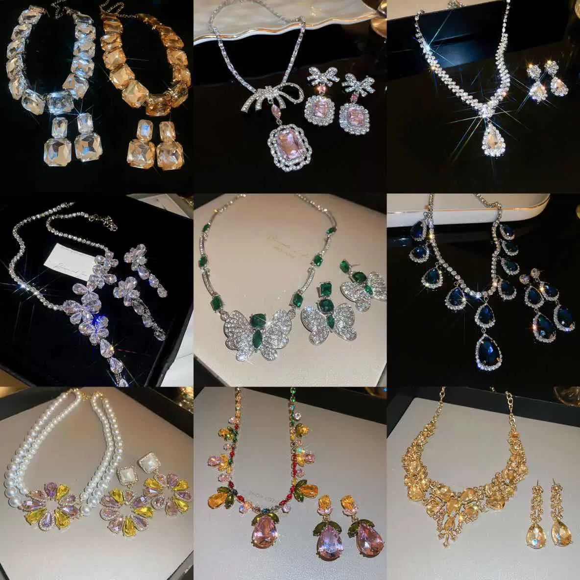 复古镶钻花朵耳钉项链轻奢高级感锁骨链时尚精致个性气质首饰套装