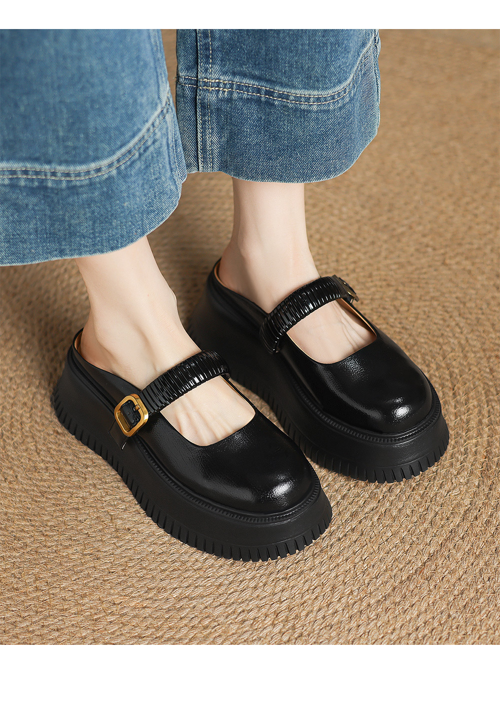 Dép sandal nữ đế dày 6cm mũi hở quai ngang Mary Jane — đen, vàng chi tiết 12