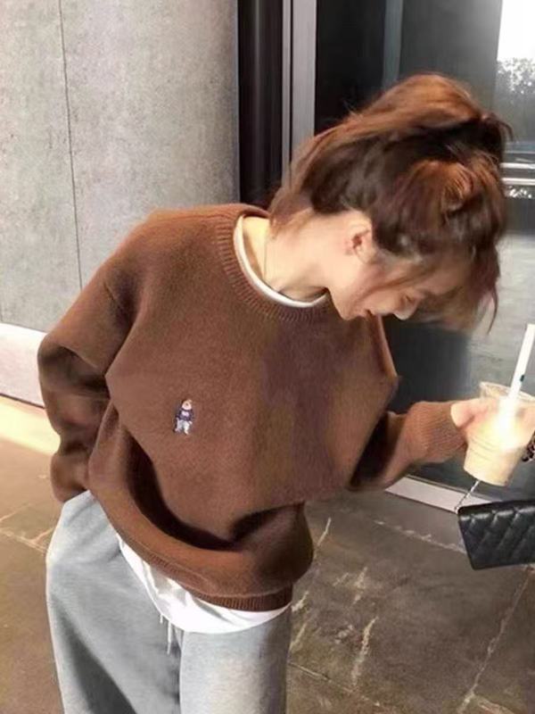 刺绣小熊毛衣女加厚秋冬季外穿跨境新款慵懒风宽松套头针织衫上衣|undefined