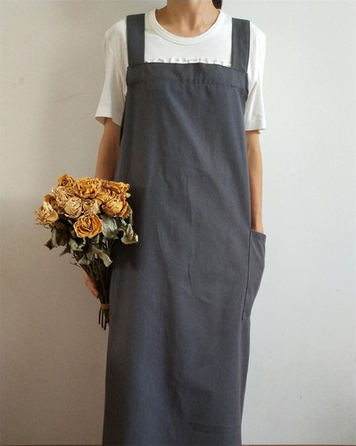 Cross-border plus-size long fashion Korean-style cotton-linen breathable apron, khaki coffee shop uniform with logo printing