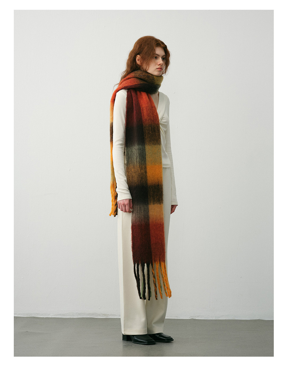 Classic cotton candy rainbow check cashmere scarf Women's Winter soft extended patchwork check bib shawl_voghion.com