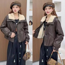 爆款加绒加厚PU皮外套女25秋冬新宽松休闲时尚洋气大翻领皮衣夹克