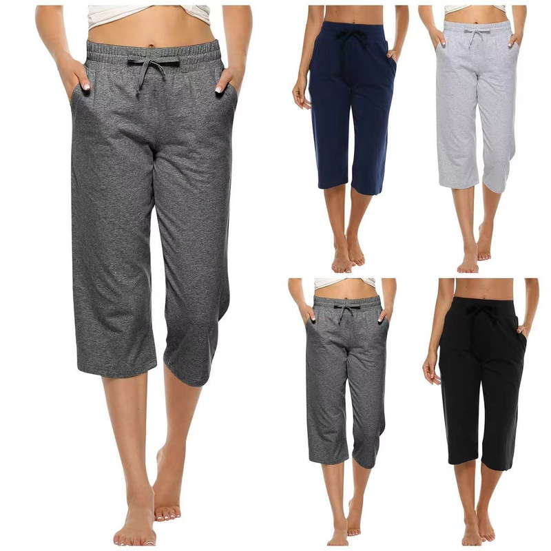 European and American Cross-Border Amazon Summer New Style Cropped Pants Solid Color Pocket Casual Thin Women's Pants with Elastic Waistband