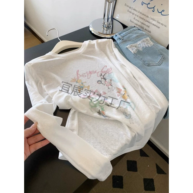 白色薄款微透印花长袖防晒罩衫T恤女夏2025新款宽松百搭上衣