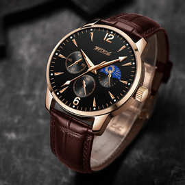 2025沃凯wokai三眼夜光商务复古腕表石英运动表男士男生皮带手表