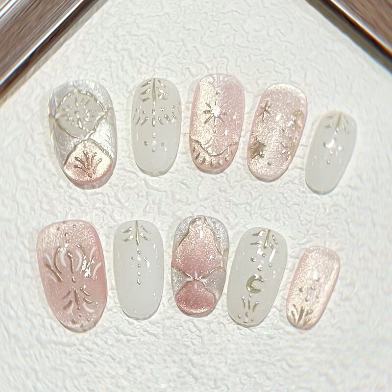 Pink Bohemian Style Short Oval Press-On Nails with Chunky Pink Cat Eye and Gold Accents, Girly Retro Nail Stickers with a Fairy Vibe