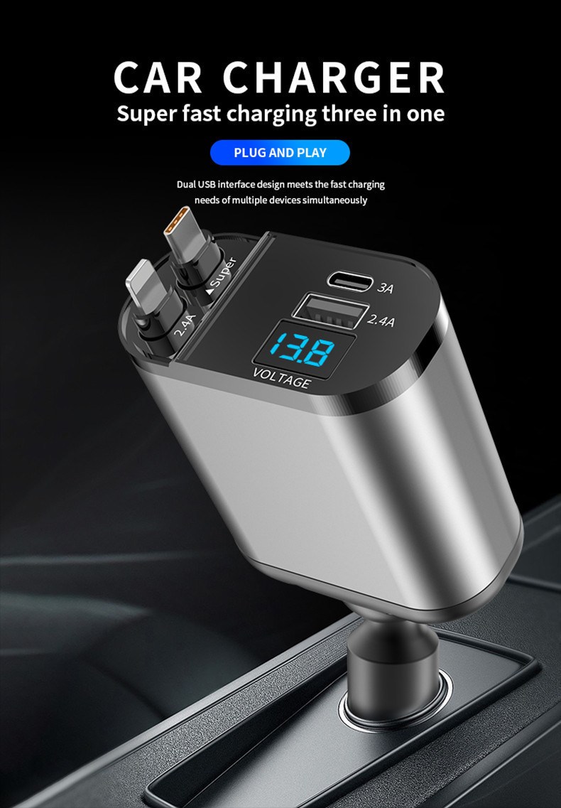 Car Charger with Retractable Cable, One-To-Four Car Charger, Super Fast Charging, Flash Charging, Car Phone Charging Head, Cigarette Lighter