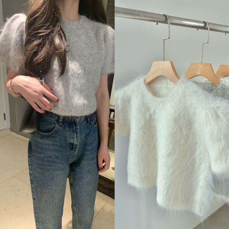 N035赵露思同款 蔬菜家韩国2024秋冬粉色圆领羊驼毛毛衣短袖