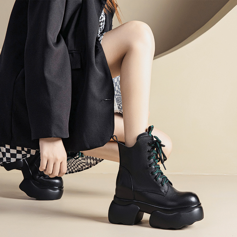 여성용 천연 가죽 하이탑 마틴 부츠 2025 가을 겨울 신상 두꺼운 밑창 키높이 숏부츠 소가죽 하이힐 여성화
