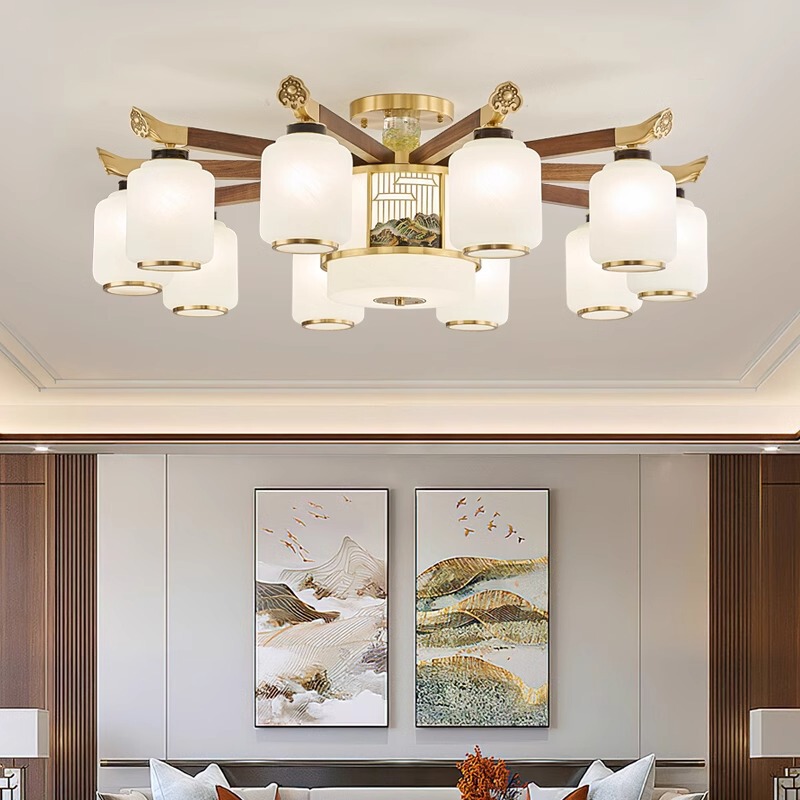 All Copper New Chinese Style Low-rise High Ceiling Lamp Black Walnut Living Room Chandelier High-end Chinese Style New Style Lamps Zhongshan All Copper New Chinese Style Low-rise High Ceiling Lamp Black Walnut Living Room Chandelier High-end Chinese Style New Style Lamps Zhongshan