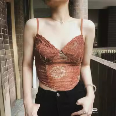 Unique European and American Print Mesh Bralette Tank Top for Women with Brown Outerwear