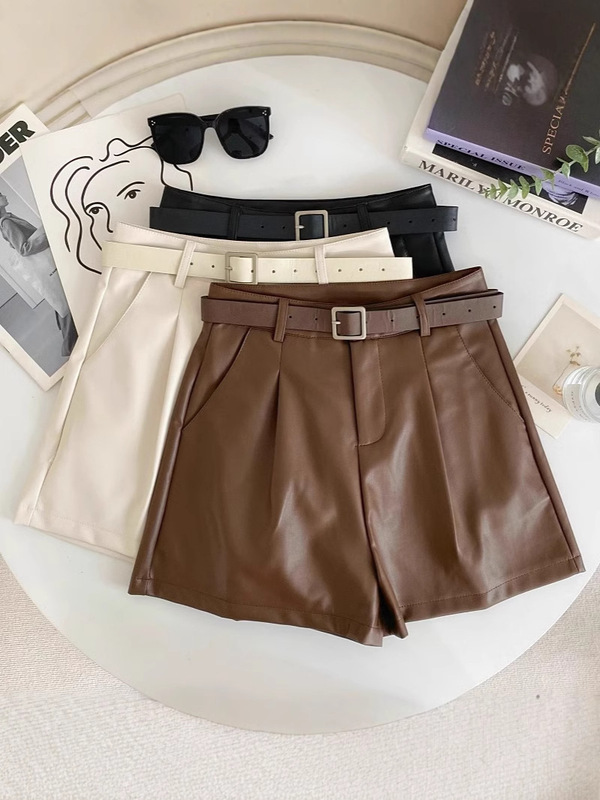 brown Leather Shorts Women 2024 Autumn New Fashion Casual Wide Leg Pants All-match Slimming Boots Pants High Waist PU Leather Pants