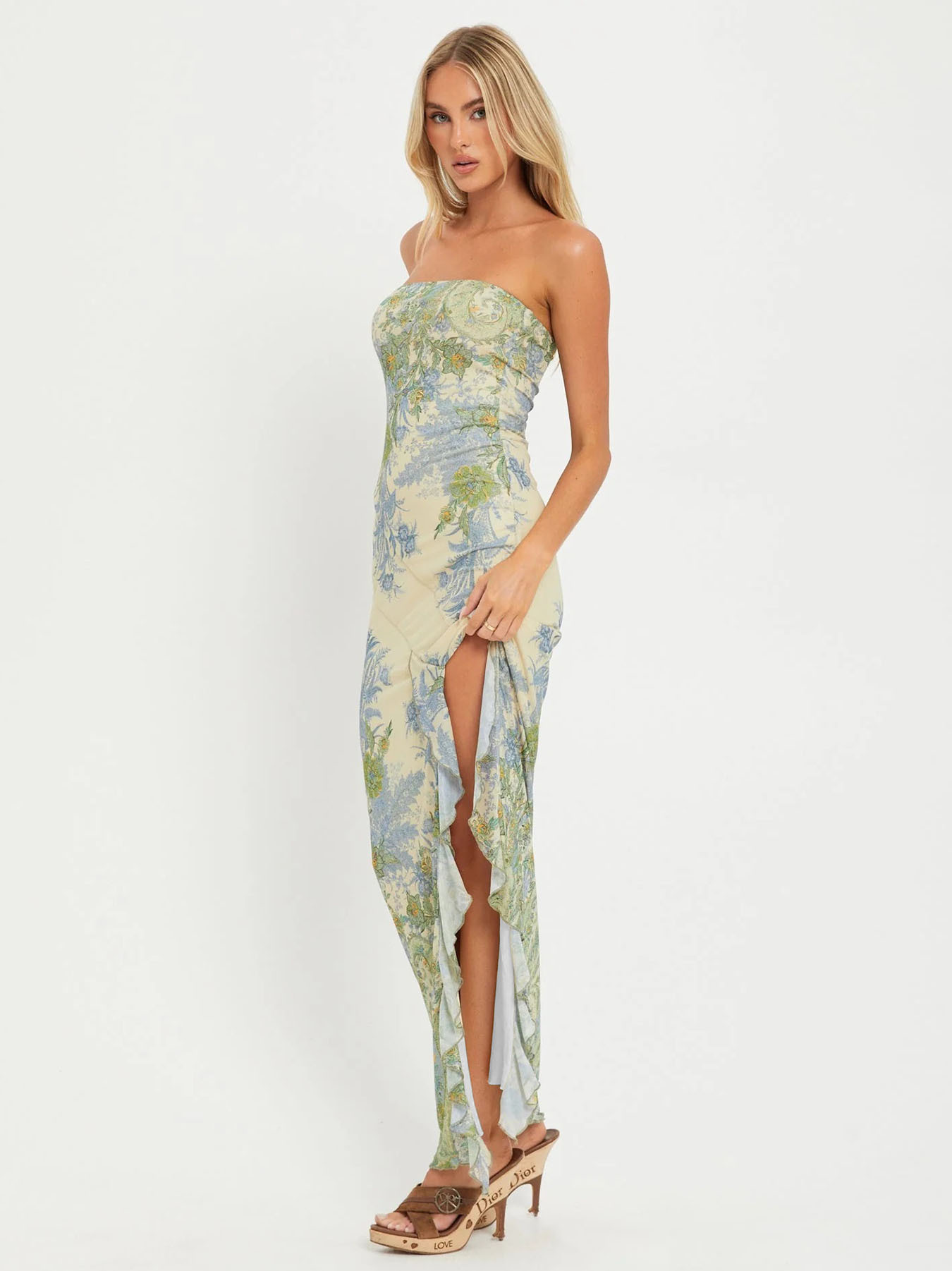 Elegant Strapless Slim-fit Mesh Printed Maxi Dress For Women_voghion.com