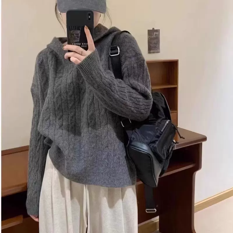 麻花毛衣女毛线衣秋冬2025款连帽复古日系慵懒宽松软糯针织衫上衣