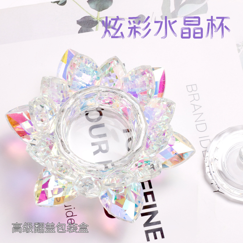 Taza de cristal transfronteriza directa de manicuras con tapa de color brillante en forma de loto gran taza de cristal líquido caja de regalo