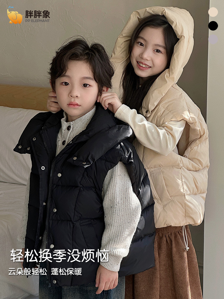 Hombres y niñas chaleco de pluma otoño y invierno 2024 nuevo tipo de niños, niños mayores, bebés encapuchados, chaqueta universal, ropa exterior caliente
