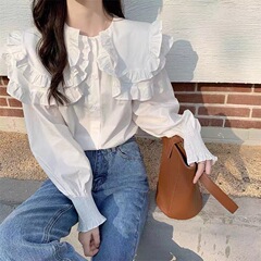 2024春秋の白い子供の襟の長袖のシャツの女性のデザイン感の小さい大衆の洋風の小さいシャツの甘いフランスの白いシャツ