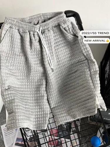 Pure Color Waffle Short Pants for Men, Super Hot Trendy Loose Five-Finger Pants, High Street Ins White Casual Sports Leggings