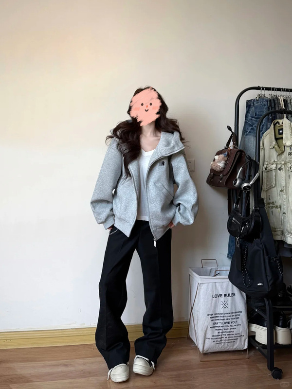 灰色宽松卫衣外套女连帽美式上衣秋季2025新款休闲重磅廓形慵懒风|undefined
