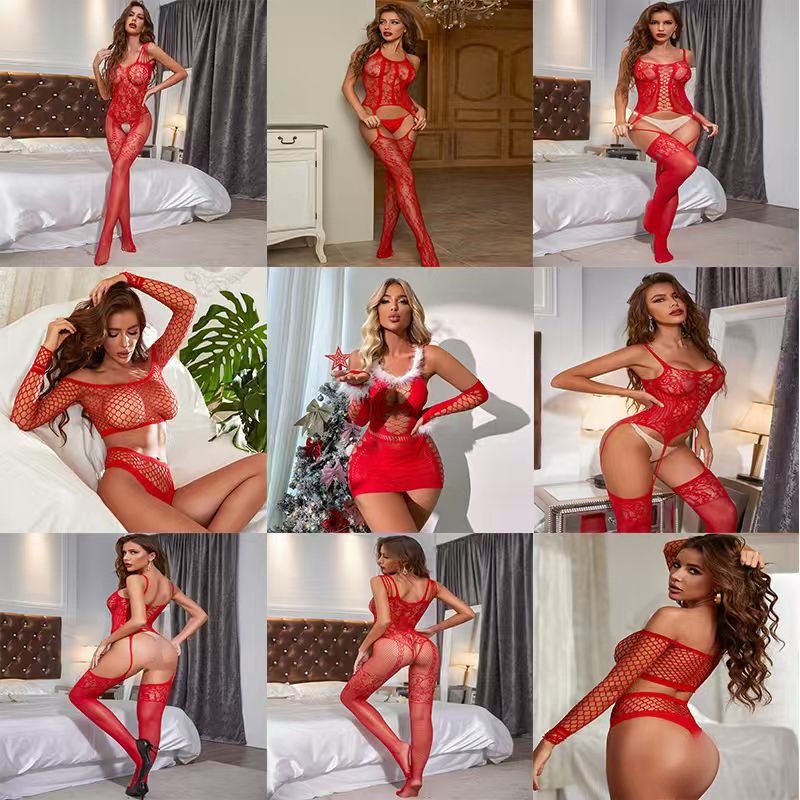 Benzy transfronterizo uniformes de Navidad sexy pijamas seducción erótica abierto en la perspectiva de la red de medias accesorios gran túnica