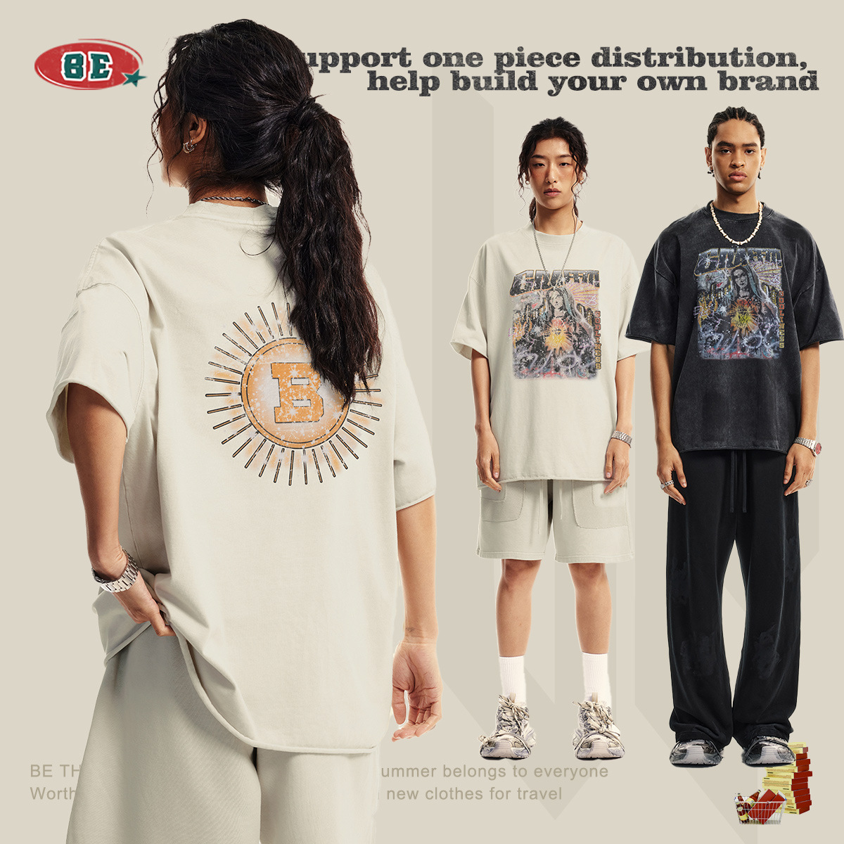 BE ropa de hombre | 2025 primavera y verano juventud impresión gratuita marca de moda calle suelta algodón lavado camiseta de manga corta hombres