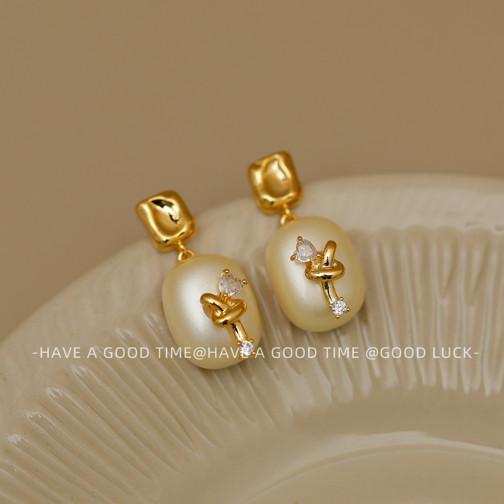 Fashionable retro square elegant earrings from pearl with zircon