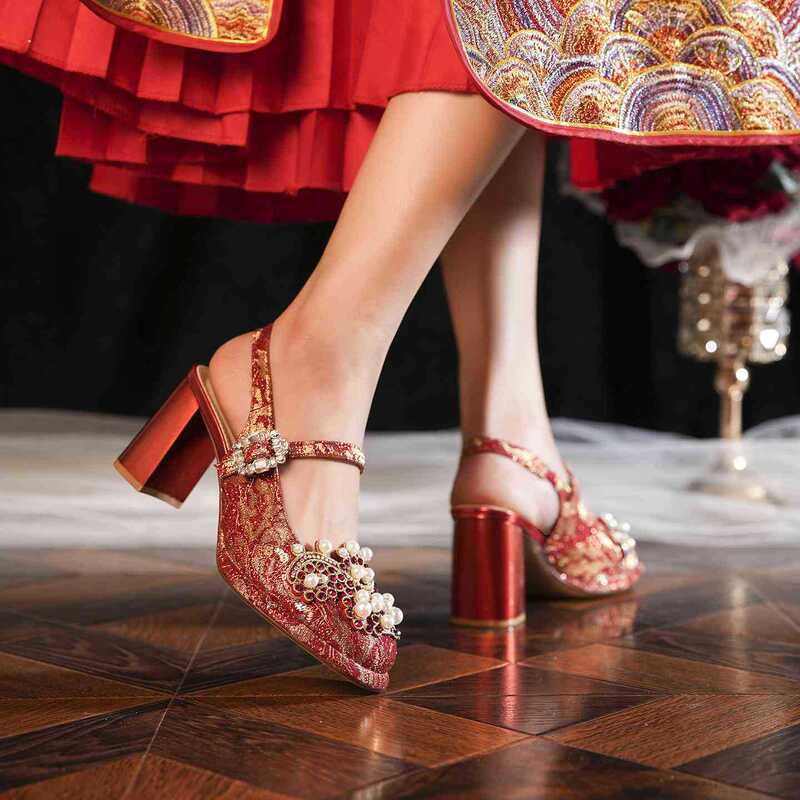 7222A-226 Hot-Selling Jacquard Wedding Shoes with Pearls and Rhinestones, Chunky Heel, Square Toe, Open Back, Light Luxury High Heels 7222A-226 Hot-Selling Jacquard Wedding Shoes with Pearls and Rhinestones, Chunky Heel, Square Toe, Open Back, Light Luxury High Heels