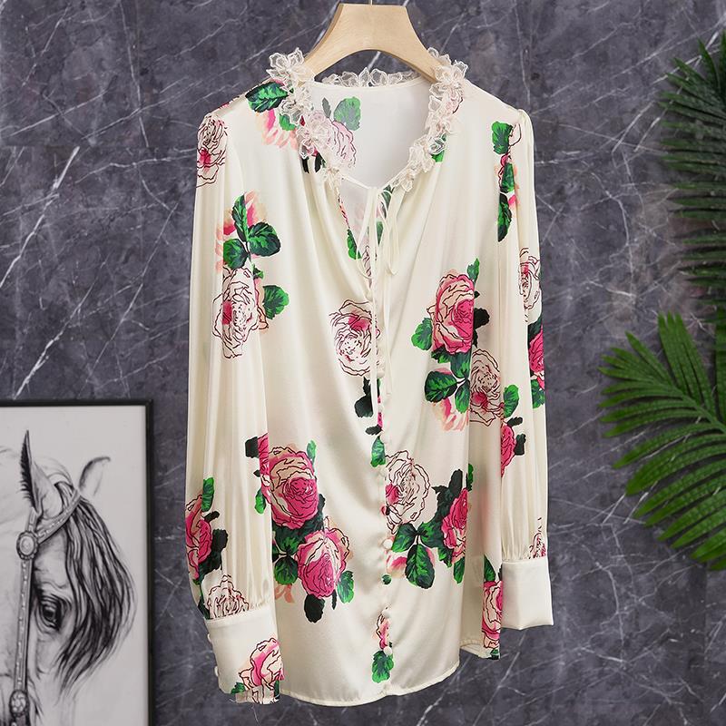 European French Style Fresh Oil Painting Ear Edge Rose Floral Lace Petal Collar Silk Top Mulberry Silk Shirt