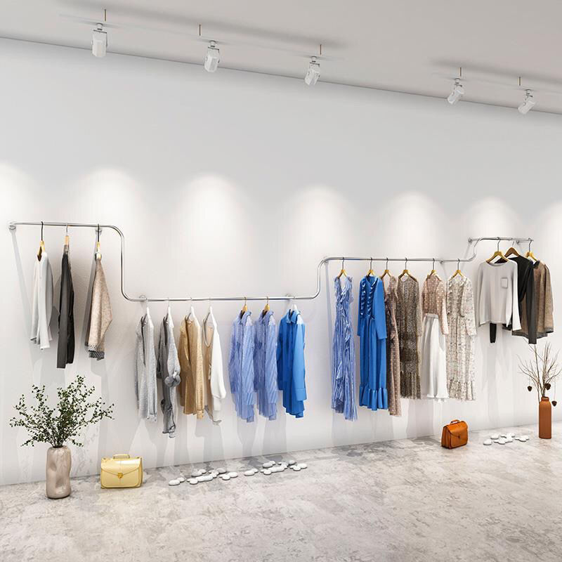 服装展示架上墙壁挂式衣服架货架不锈钢女装店专用衣服挂衣架银色