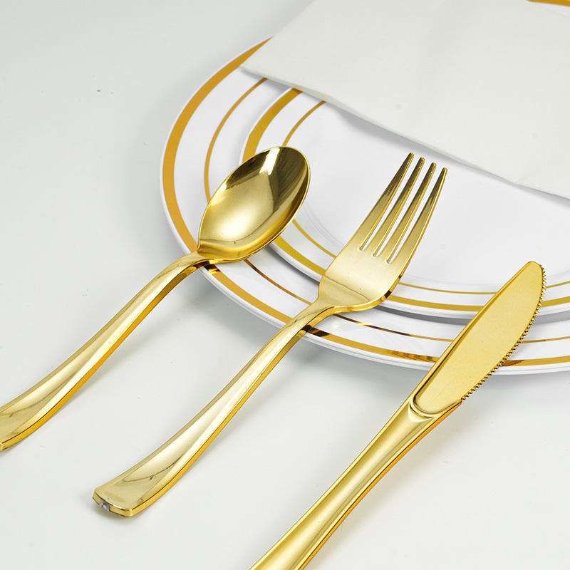 Cross-Border Steak Retro Gold-Plated Disposable Knife, Fork and Spoon Plastic Tableware Western Food Three-Piece Set Food Grade Thickened Fork