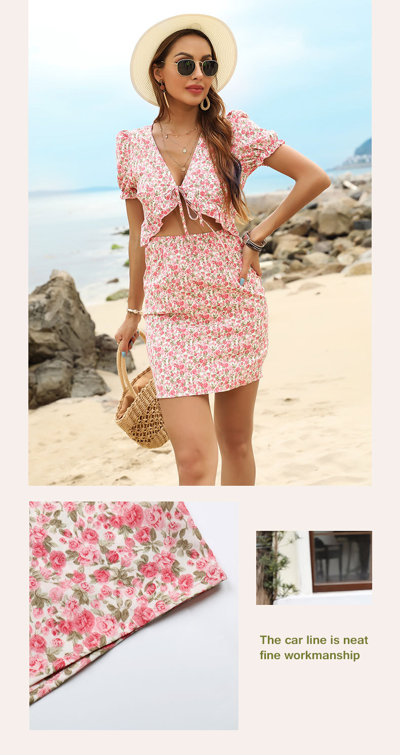 floral V-Neck Hollow Waist Short-Sleeved Dress NSYYF61516