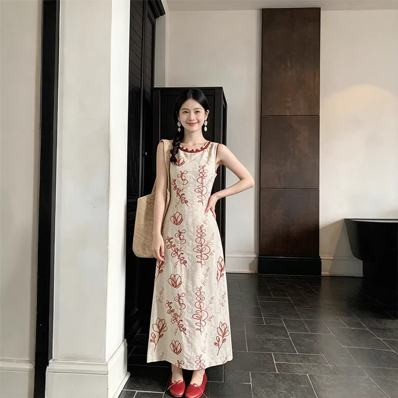 Thecoco Natural Cotton and Linen Red Embroidered Original Sleeveless Dress for Women, Summer Waist-Cinching Slimming Elegant Long Dress Thecoco Natural Cotton and Linen Red Embroidered Original Sleeveless Dress for Women, Summer Waist-Cinching Slimming Elegant Long Dress