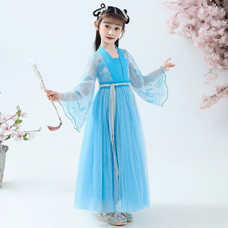 Spring Hanfu for princess, blue flower girl dress, Chinese style, western style