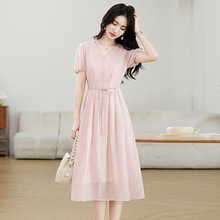 收腰V领连衣裙夏季新款桑蚕丝系带长裙简约大方气质高腰裙子