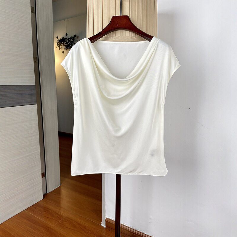 Fashionable Silk Top with a Draped Collar for Women in Summer, Elegant and Loose-Fitting Blouse with Batwing Sleeves, Pullover Silk T-Shirt Fashionable Silk Top with a Draped Collar for Women in Summer, Elegant and Loose-Fitting Blouse with Batwing Sleeves, Pullover Silk T-Shirt