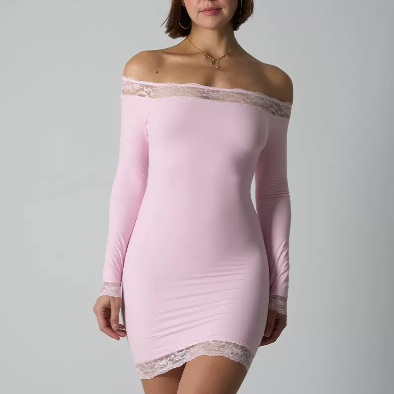 蕾丝一字肩长袖连衣裙女修身收腰裙子纯欲风显瘦包臀短裙女dress