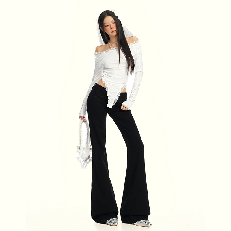 Autumn New Women's Black Low-Rise American-Style Spicy Girl Low-Waist Slimming Washed Flared Wide-Leg Jeans