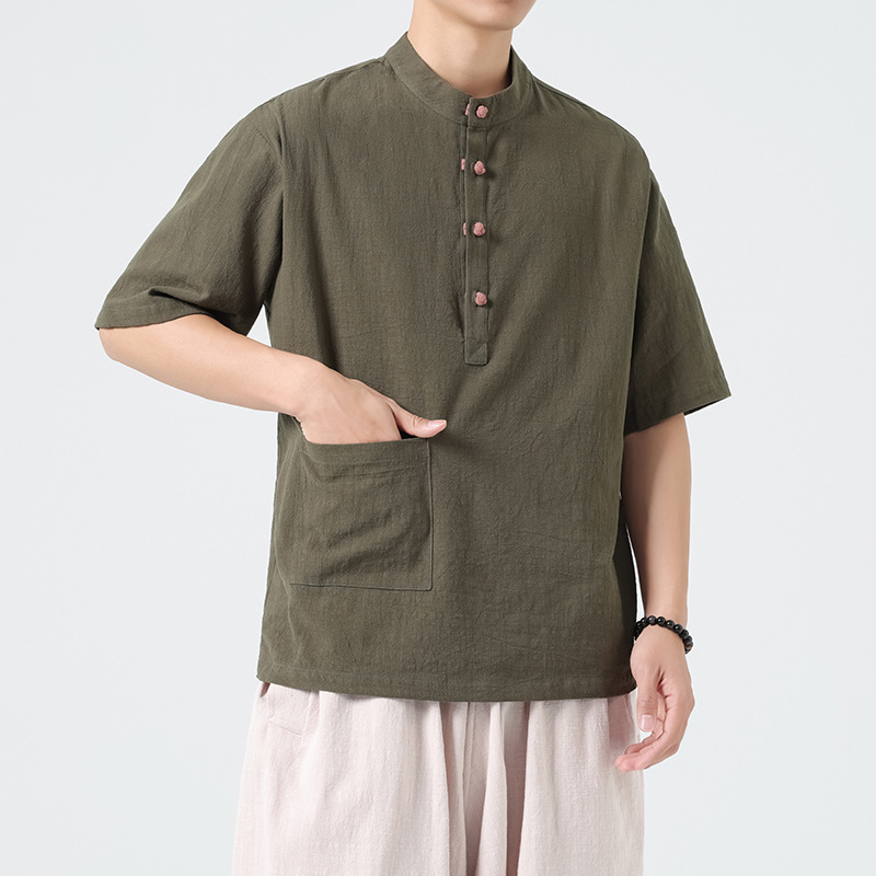 2025 Summer New Arrival plus size Cotton Linen Solid Color Multicolor Chinese Style Trendy Men's Shirt Pullover Half Sleeve Tang Dress