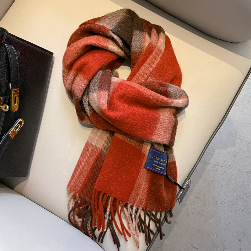 British Classic 100% Australian Wool Plaid Red Scarf for Men and Women, Autumn and Winter Warm Cashmere Scarf for Couples